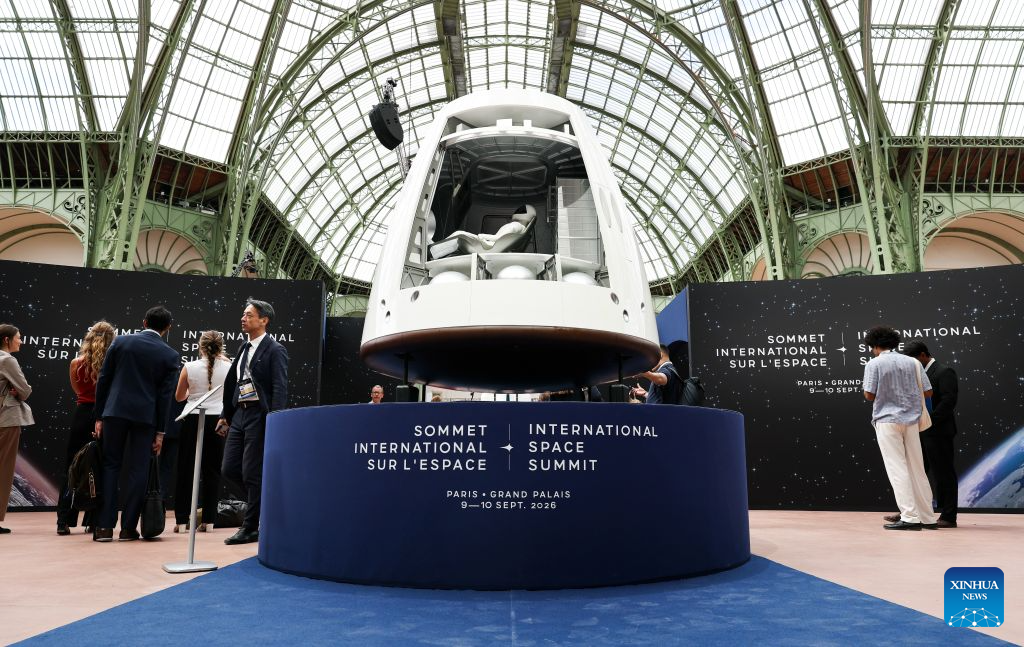An exhibit is seen during the International Space Summit at the Grand Palais in Paris, France, Sept. 9, 2026. The first International Space Summit opened Wednesday in Paris, bringing together heads of state and government, scientists, astronauts and industry representatives. (Xinhua/Wu Huiwo)