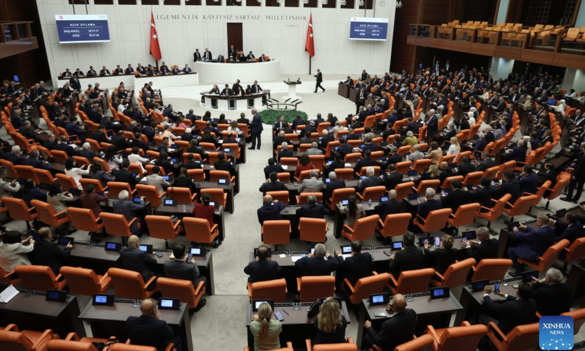 Türkiye's parliament vote on a legal framework for the disarmament and reintegration of the Kurdistan Workers' Party in Ankara, Türkiye, Aug. 10, 2026. Türkiye's parliament on Monday approved a legal framework for the disarmament and reintegration of the Kurdistan Workers' Party (PKK), a key step toward ending a decades-long conflict. (Mustafa Kaya/Handout via Xinhua)