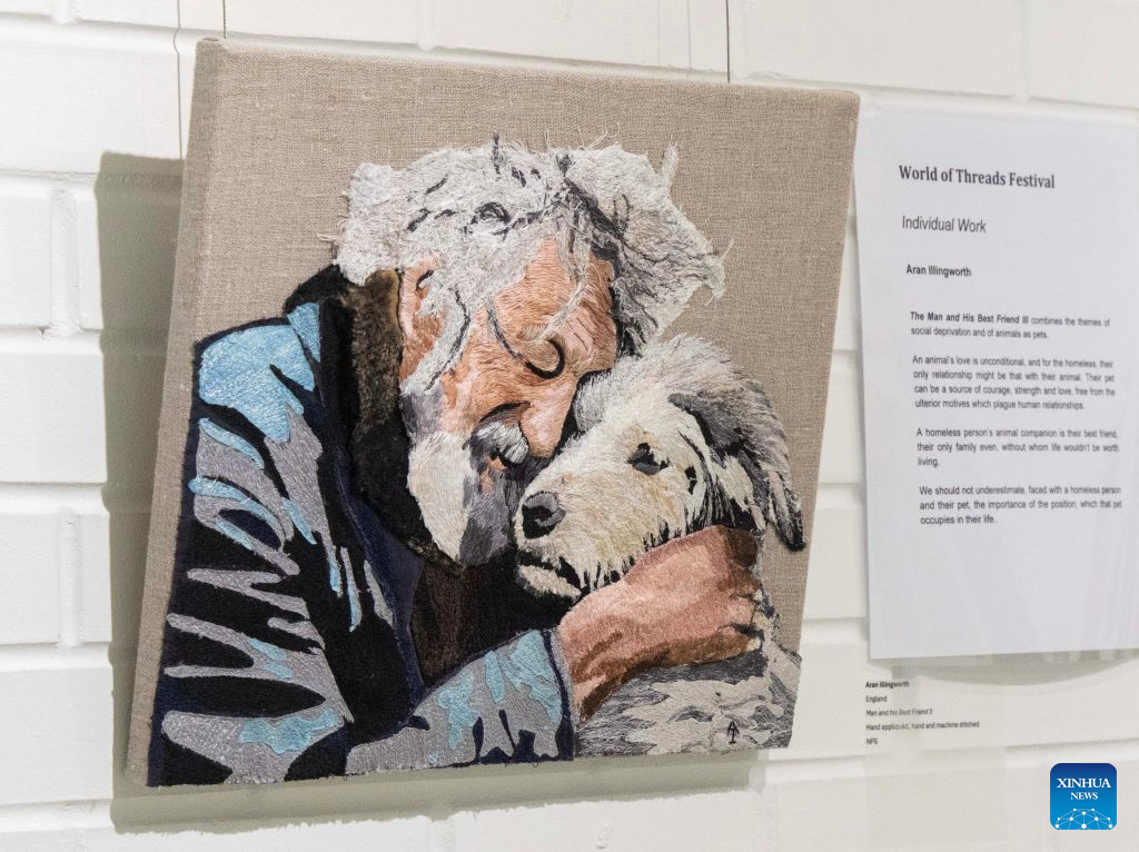 An artwork on display is seen at the World of Threads Festival 2026 in Oakville, Ontario, Canada, on Sept. 28, 2026. Showcasing contemporary fibre and textile art in all forms from around the world, the event will last till Jan. 17, 2027. (Photo by Zou Zheng/Xinhua)