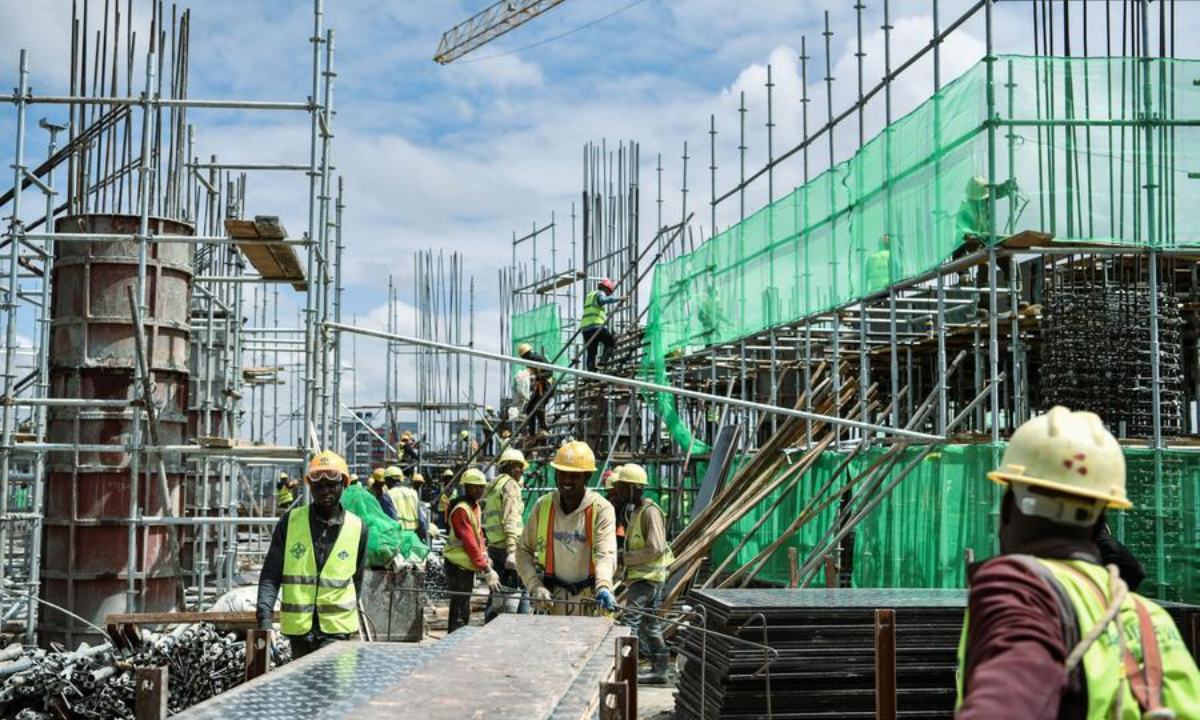 Workers are engaged at the construction site of the Chinese-built Talanta Sports City in Nairobi, Kenya, on March 18, 2025. (Xinhua/Han Xu)