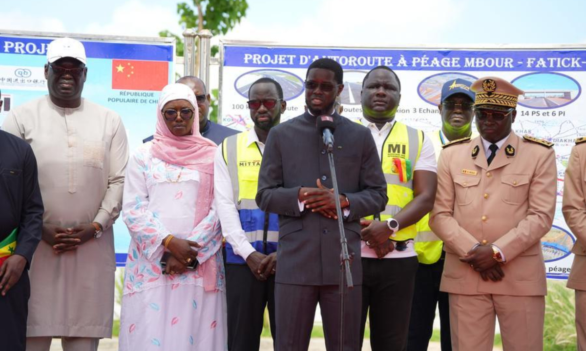 Senegalese President Bassirou Diomaye Faye (4th R) addresses the opening ceremony of the Mbour-Kaolack highway project in Thiadiaye, Mbour Department, in Senegal's western Thies Region, Aug. 22, 2026. (Xinhua/Qi Qi)