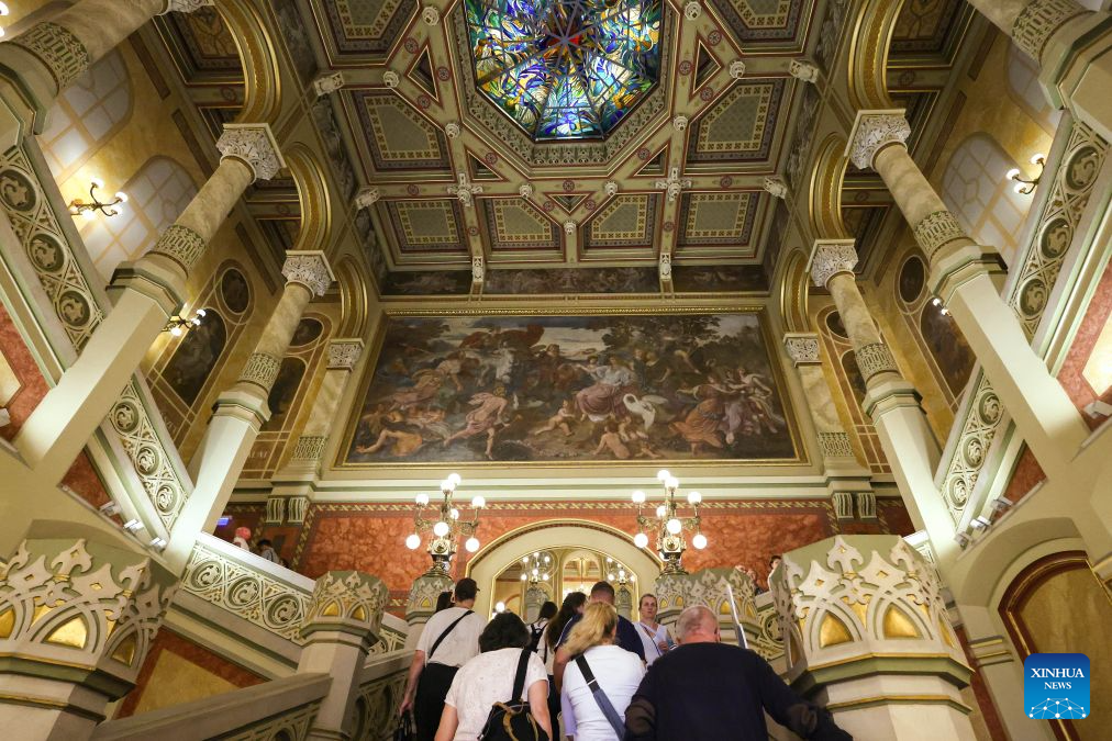 People attend a guided tour at Vigado Concert Hall in Budapest, Hungary, Sept. 19, 2026. Hungary marked Cultural Heritage Days on Saturday and Sunday with numerous historic buildings and spaces open to the public. (Photo by Attila Volgyi/Xinhua)