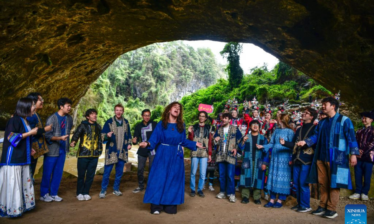Members of the Whiffenpoofs a cappella choir of Yale University sing a song during a cultural exchange event with local youth in Liping County, Miao-Dong Autonomous Prefecture of Qiandongnan, southwest China's Guizhou Province, March 24, 2026. The hope of the China-U.S. relationship lies in the people, its foundation is in the societies, its future depends on the youth, and its vitality comes from exchanges at subnational levels.
In recent years, the two countries have been strengthening people-to-people ties through cultural exchanges to inject sustained positive momentum into China-U.S relations. (Xinhua/Yang Wenbin)