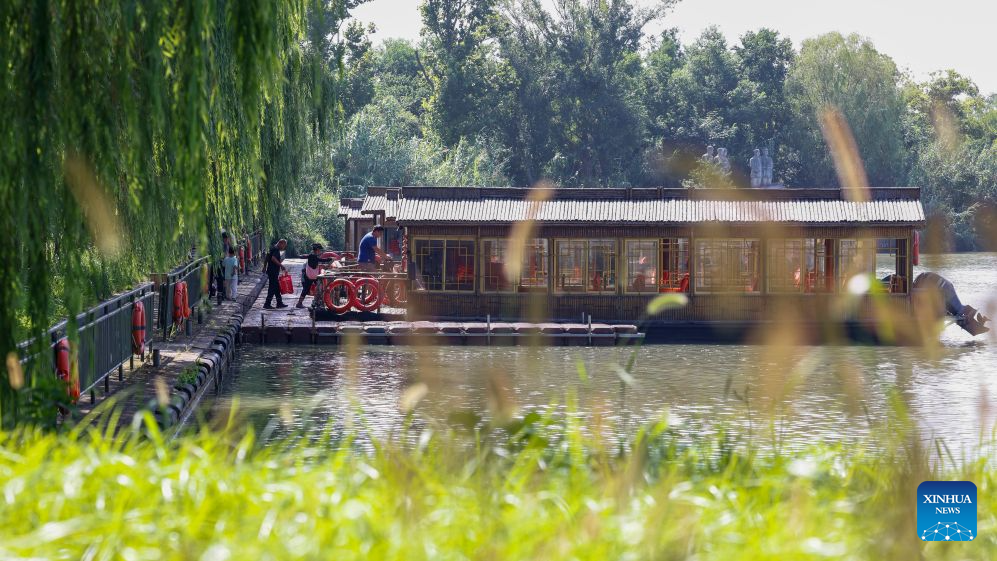Tourists prepare to take a sightseeing boat at the Hongze Lake Wetland in Sihong County, east China's Jiangsu Province, Aug. 26, 2026. Hongze Lake Wetland National Nature Reserve, with an area of 750,000 Mu (50,000 hectares), provides vital habitats for birds migrating along the East Asian-Australasian Flyway. In recent years, the nature reserve has seen its number of bird species increase from 147 in 2013 to 240 nowadays, thanks to various environmental protection measures. The total number of birds in the nature reserve has increased to over 800,000. (Photo by Xu Changliang/Xinhua)
