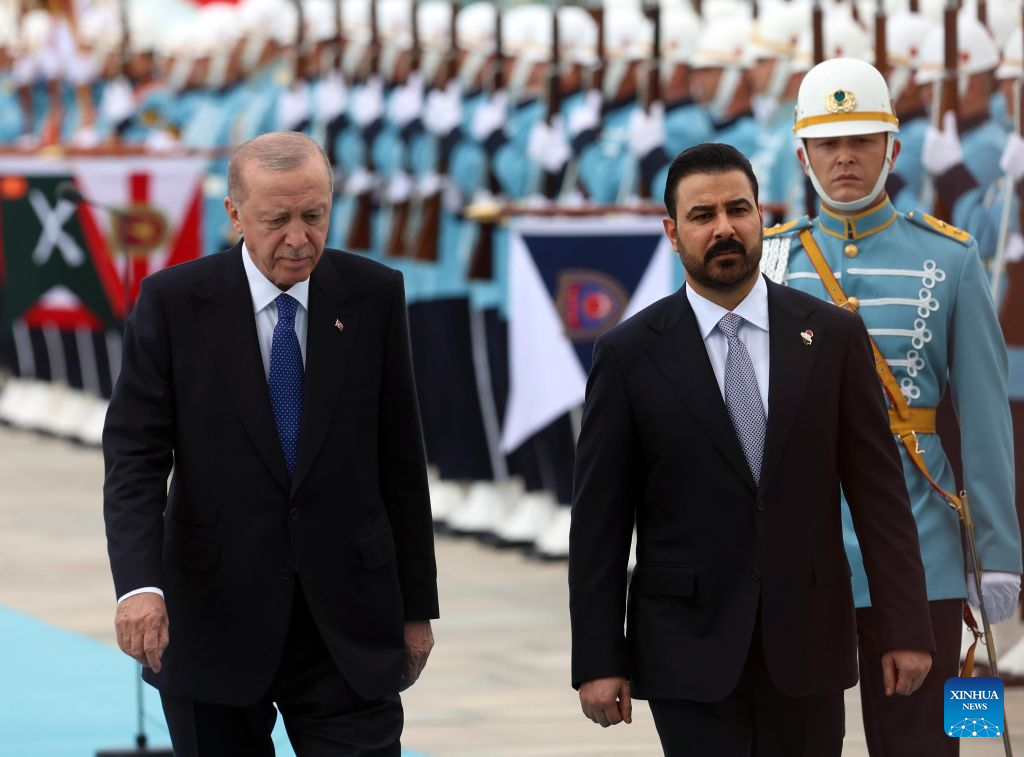 Turkish President Recep Tayyip Erdogan (L) welcomes Iraqi Prime Minister Ali al-Zaidi at the Presidential Palace in Ankara, Türkiye, on July 28, 2026. Al-Zaidi and Erdogan agreed on Tuesday to bolster strategic cooperation across multiple sectors and accelerate the implementation of the strategic Development Road Project, following a joint press conference during al-Zaidi's official visit to Ankara. (Mustafa Kaya/Handout via Xinhua)