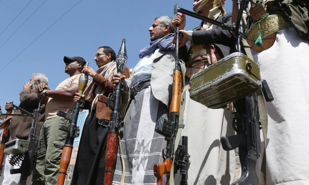 Houthi supporters take part in an armed rally staged against the involvement of Türkiye and Pakistan with Saudi Arabia in Yemen's conflict, in Sanaa, Yemen, on Oct. 7, 2026. (Photo by Mohammed Mohammed/Xinhua)
