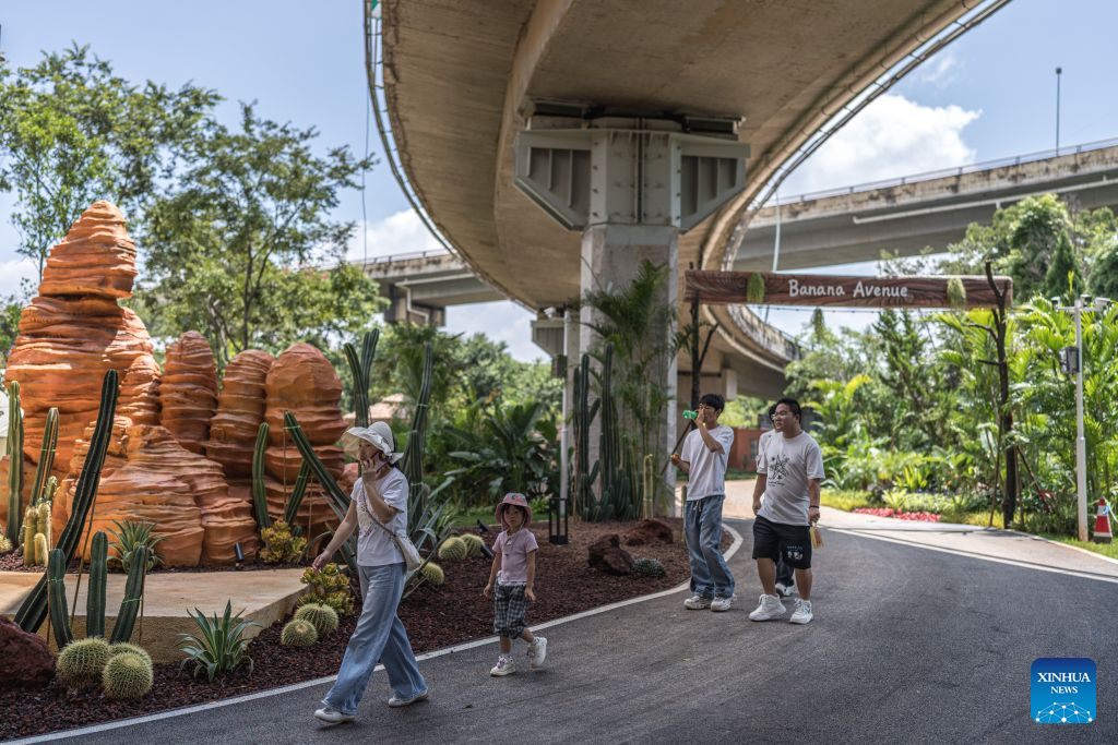 People enjoy their leisure time beneath a flyover in Kunming, southwest China's Yunnan Province, Aug. 11, 2026. In recent years, Kunming has transformed some vacant areas beneath urban bridges and flyovers into public spaces for greenery, leisure, recreation and physical exercises, making the city more livable for residents. (Xinhua/Wang Guansen)