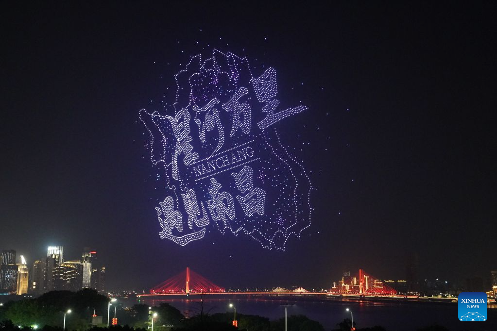 A drone show is staged over a square along Ganjiang River in Nanchang, east China's Jiangxi Province, Sept. 12, 2026. (Xinhua/Zhou Mi)