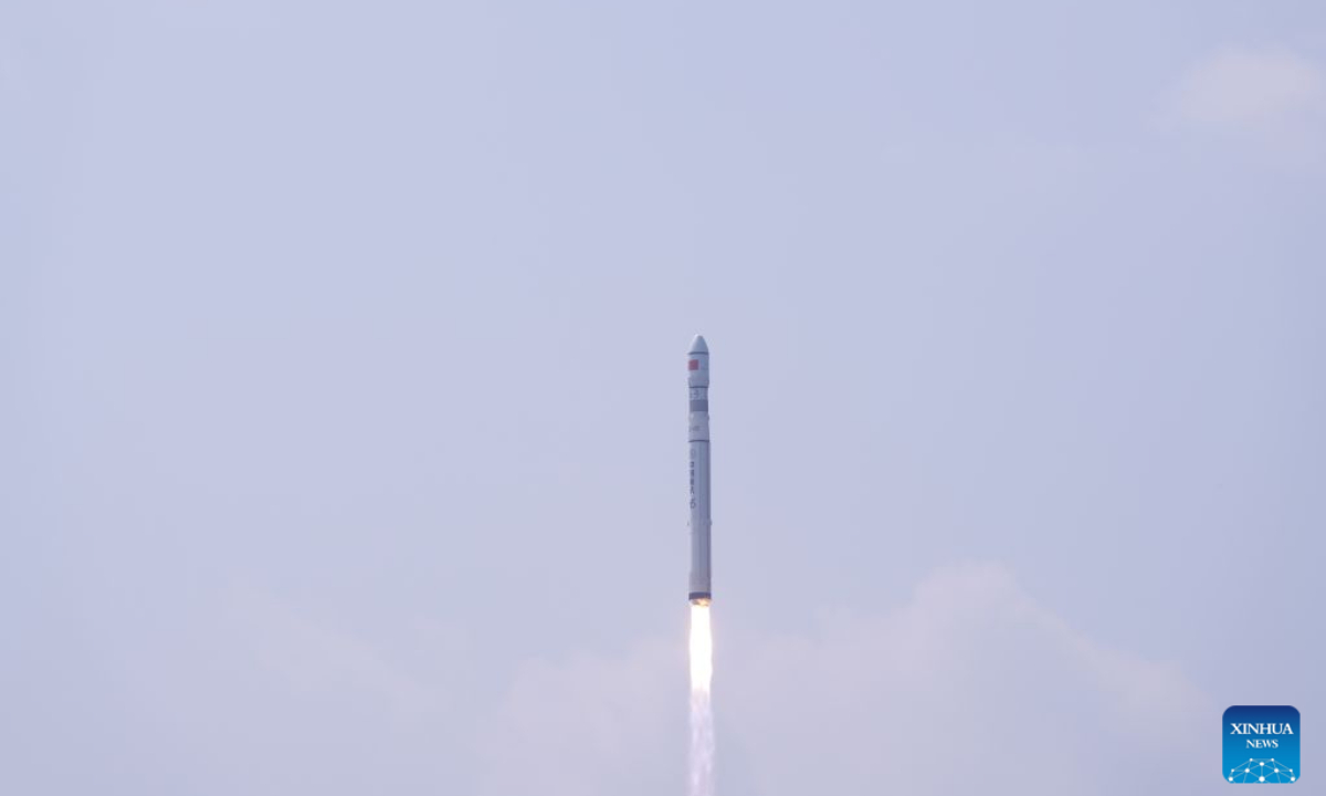 A Long March-6C carrier rocket, carrying seven satellites, blasts off from the Taiyuan Satellite Launch Center in north China's Shanxi Province, Aug. 25, 2026. The rocket blasted off at 11:21 a.m. (Beijing Time) and successfully sent the satellites into the planned orbit. This launch marked the 665th flight mission of the Long March carrier rocket series, according to the launch center. (Photo by Wang Yapeng/Xinhua)