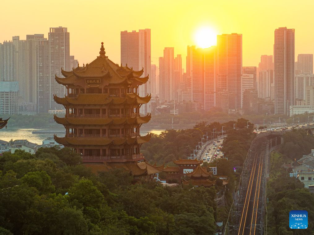 A drone photo taken on Sept. 6, 2026 shows the Yellow Crane Tower scenic area at sunset in Wuhan, central China's Hubei Province. (Xinhua/Xiao Yijiu)