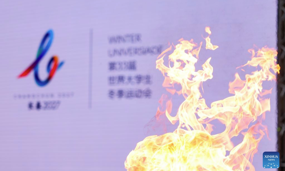 The cauldron is lit during the flame collection ceremony for the Changchun 2027 Winter Universiade in Turin, Italy, Oct. 8, 2026. (Xinhua/Wang Kaiyan)