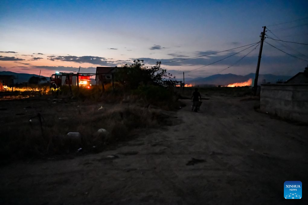 This photo taken on Aug. 22, 2026 shows a spreading wildfire fueled by weeks of extreme summer heat and dry vegetation in Strumica, North Macedonia. (Photo by Tomislav Georgiev/Xinhua)