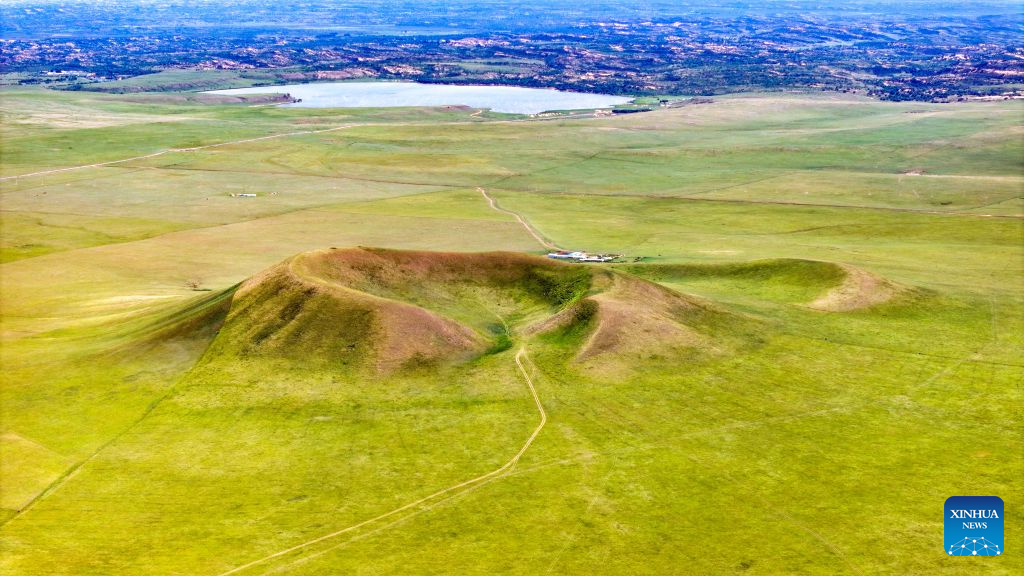 An aerial drone photo taken on July 19, 2026 shows a volcano in a national geopark in Xilingol League, north China's Inner Mongolia Autonomous Region. (Photo by Wang Zheng/Xinhua)