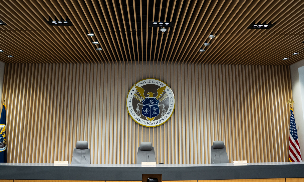 The seal of the Federal Communications Commission (FCC) prior to an open commission meeting at the agency's headquarters in Washington, DC, US, on Wednesday, Feb. 18, 2026. Photo: VCG