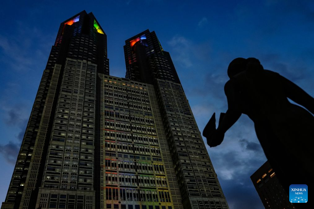 Tokyo Metropolitan Government is illuminated in colors for 2026 Aichi-Nagoya Asian Games to mark one month before the Games in Tokyo, Japan on Aug. 19, 2026. (Xinhua/Jia Haocheng)