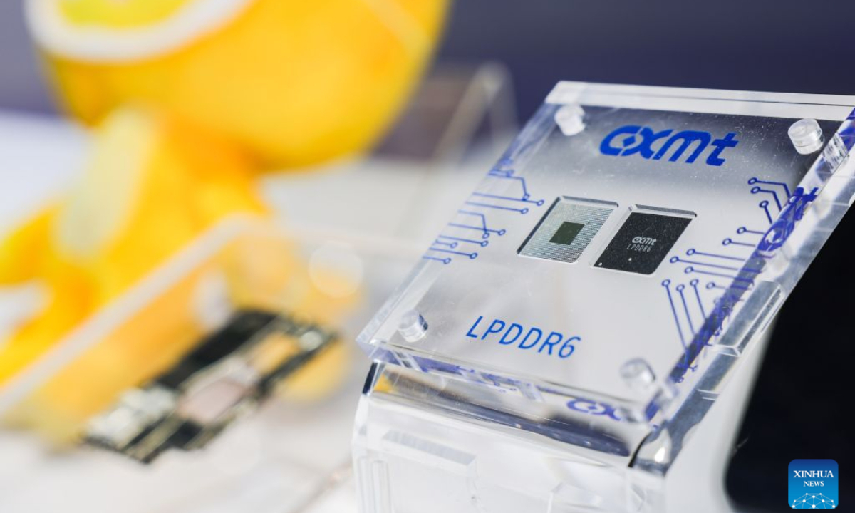 This photo taken on Sept. 20, 2026 shows the LPDDR6 chip at the booth of Chinese memory chipmaker ChangXin Memory Technologies (CXMT) at the 2026 World Manufacturing Convention (WMC) in Hefei, east China's Anhui Province. Themed Intelligent Manufacturing For a Better Future, the 2026 WMC kicked off here on Sunday. (Xinhua/Chang Nengjia)