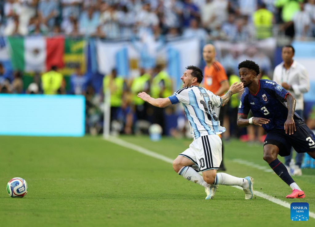 Lionel Messi (L) of Argentina vies with Diney Borges of Cabo Verde during the round of 32 match between Argentina and Cabo Verde at the 2026 FIFA World Cup at Miami Stadium, Miami, the United States, July 3, 2026. (Xinhua/Xu Zijian)