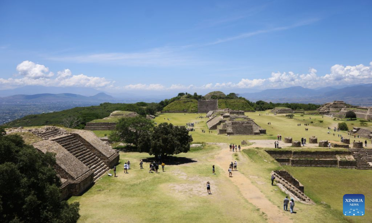 This photo taken on July 29, 2026 shows a view of the Monte Alban archaeological site in Oaxaca, Mexico. Built around 500 B.C., Monte Alban is located in the southern Mexican state of Oaxaca. It was inscribed on the UNESCO World Heritage List in 1987. (Xinhua/Liu Wenhui)