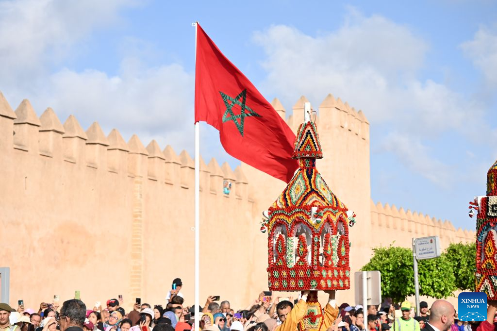 People take part in celebrations held ahead of Mawlid al-Nabi, which commemorates birth of the Islamic founder Prophet Muhammad, in Sale, Morocco, Aug. 24, 2026. (Photo by Aissa/Xinhua)