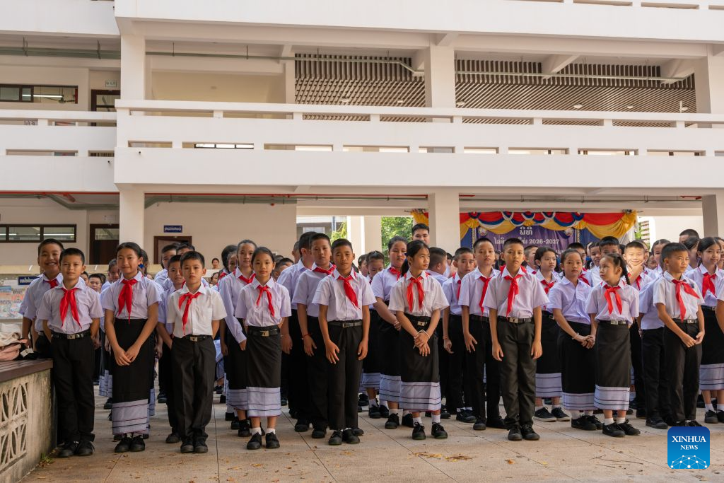 Students attend a ceremony marking the start of the new semester at a school in Vientiane, Laos, Sept. 1, 2026. (Photo by Kaikeo Saiyasane/Xinhua)