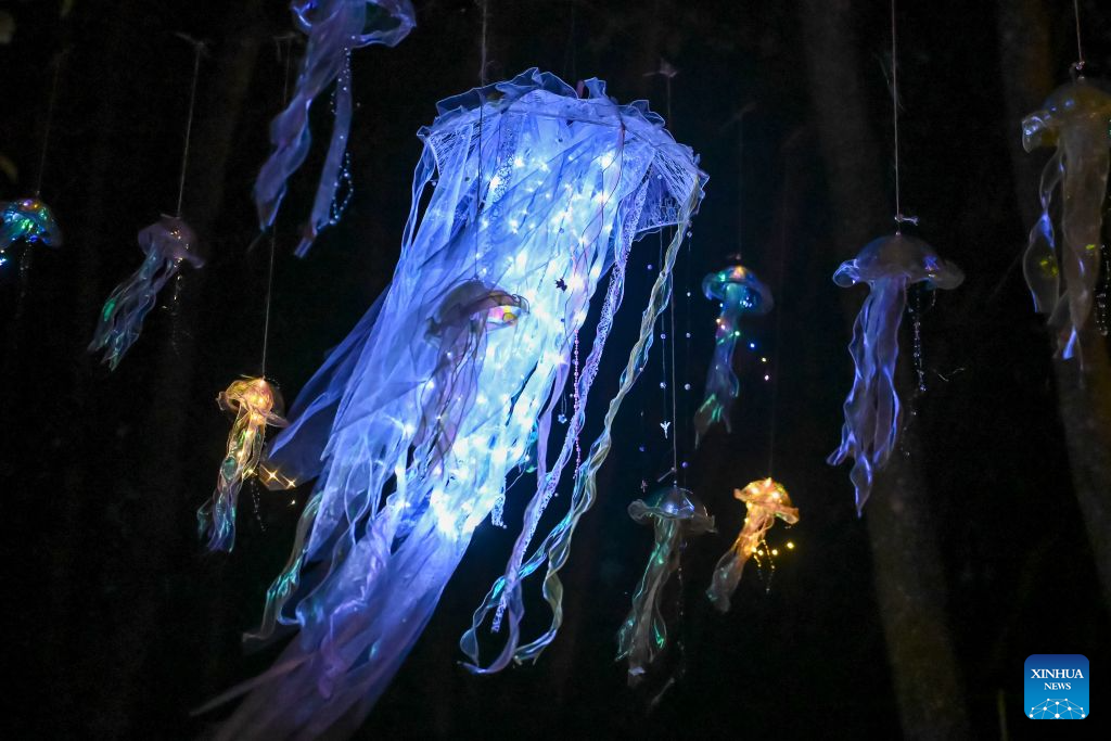 This photo taken on Aug. 29, 2026 shows illuminated jellyfish-like decorations during the Magic Forest charity event for animals held at Paite Loomapark in Ida-Viru County, northeastern Estonia, Aug. 29, 2026. (Photo by Sergei Stepanov/Xinhua)