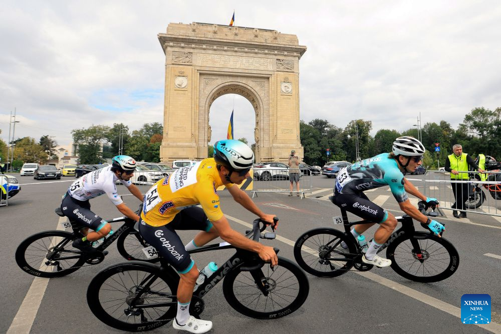 Hungarian rider Barnabas Vas (yellow) competes during the last stage of Tour of Romania cycling race in Bucharest, Romania, Sept. 13, 2026. (Photo by Cristian Cristel/Xinhua)