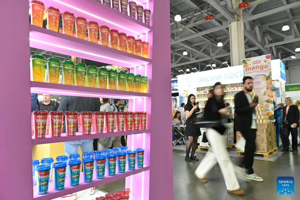 This photo taken on Sept. 15, 2026 shows Chinese beverages on display at the 35th WorldFood Expo in Moscow, Russia. The 35th WorldFood Expo kicked off here on Tuesday with the participation of more than 1,000 exhibitors. The event will run until Sept. 18. (Xinhua/Alexander Zemlianichenko Jr)