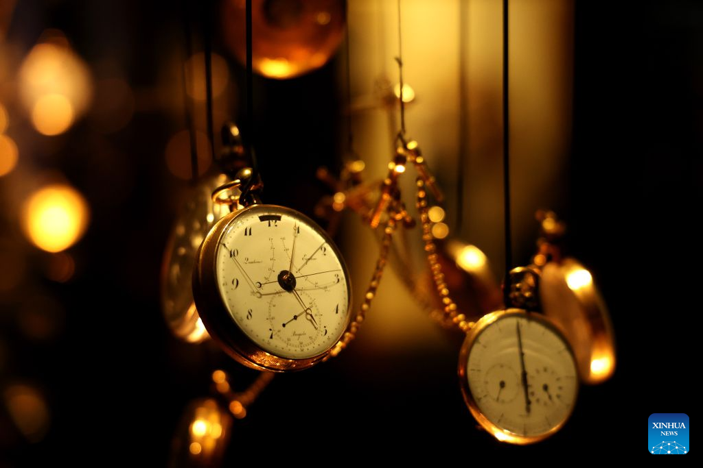 Photo taken on Aug. 26, 2026 shows pocket watches displayed at the Clock Gallery of the Jerusalem Museum of Art in Jerusalem. The Clock Gallery of the Jerusalem Museum of Art showcases over 200 rare timepieces from the 18th and 19th centuries, including pocket watches, table clocks, and novelty clocks, highlighting the fusion of precision engineering and fine craftsmanship. (Photo by Gil Cohen Magen/Xinhua)