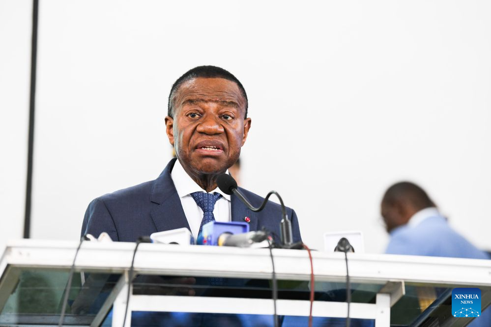 Cameroon's Minister of Higher Education Jacques Fame Ndongo addresses the launching ceremony of Seagull Talent Program in Yaounde, Cameroon, Aug. 3, 2026. China First Highway Engineering Co., Ltd. (CFHEC) launched a training initiative Monday to build local expertise in Cameroon. The Seagull Talent Program was launched in the capital, Yaounde, with senior Cameroonian government officials, Chinese diplomats, faculty from the National Advanced School of Public Works (ENSTP), and the trainees in attendance. The 10-day course brings together 54 participants, including 24 local project staff and 30 ENSTP students. (Xinhua/Kepseu)
