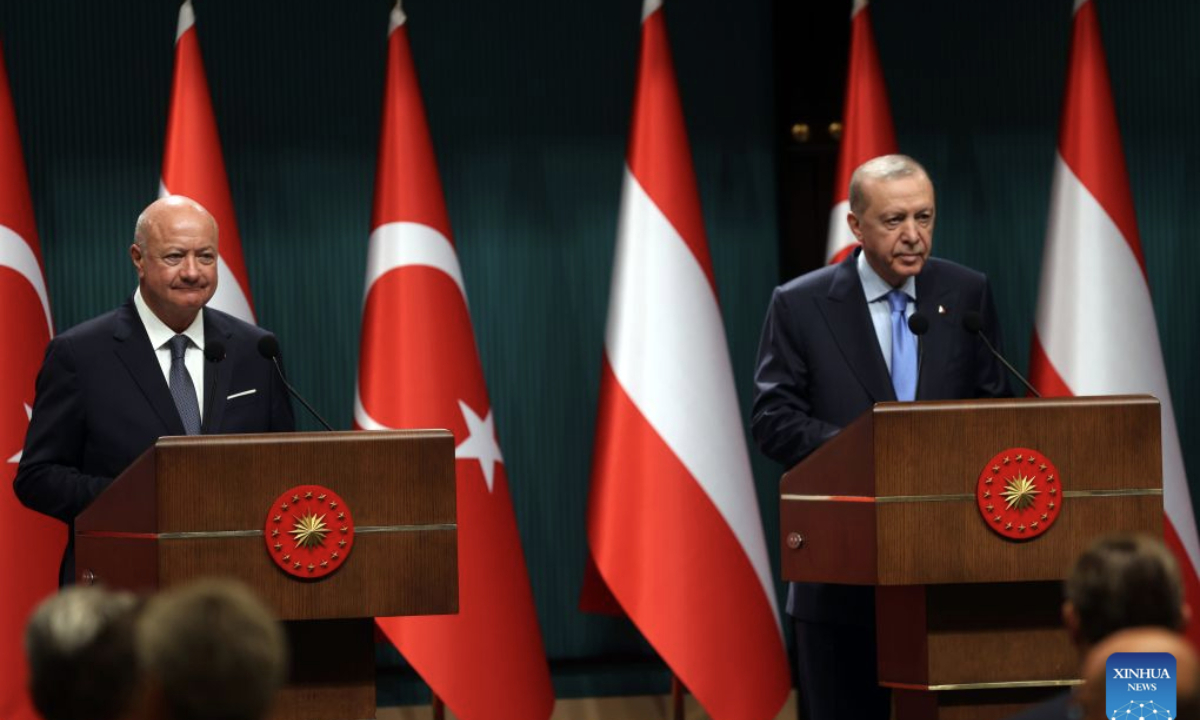 Turkish President Recep Tayyip Erdogan (R) holds a joint press conference with visiting Austrian Chancellor Christian Stocker in Ankara, Türkiye, on Aug.10, 2026. Turkish President Recep Tayyip Erdogan and visiting Austrian Chancellor Christian Stocker highlighted great potential in bilateral cooperation during a live-streamed joint press conference here on Monday. (Mustafa Kaya/Handout via Xinhua)