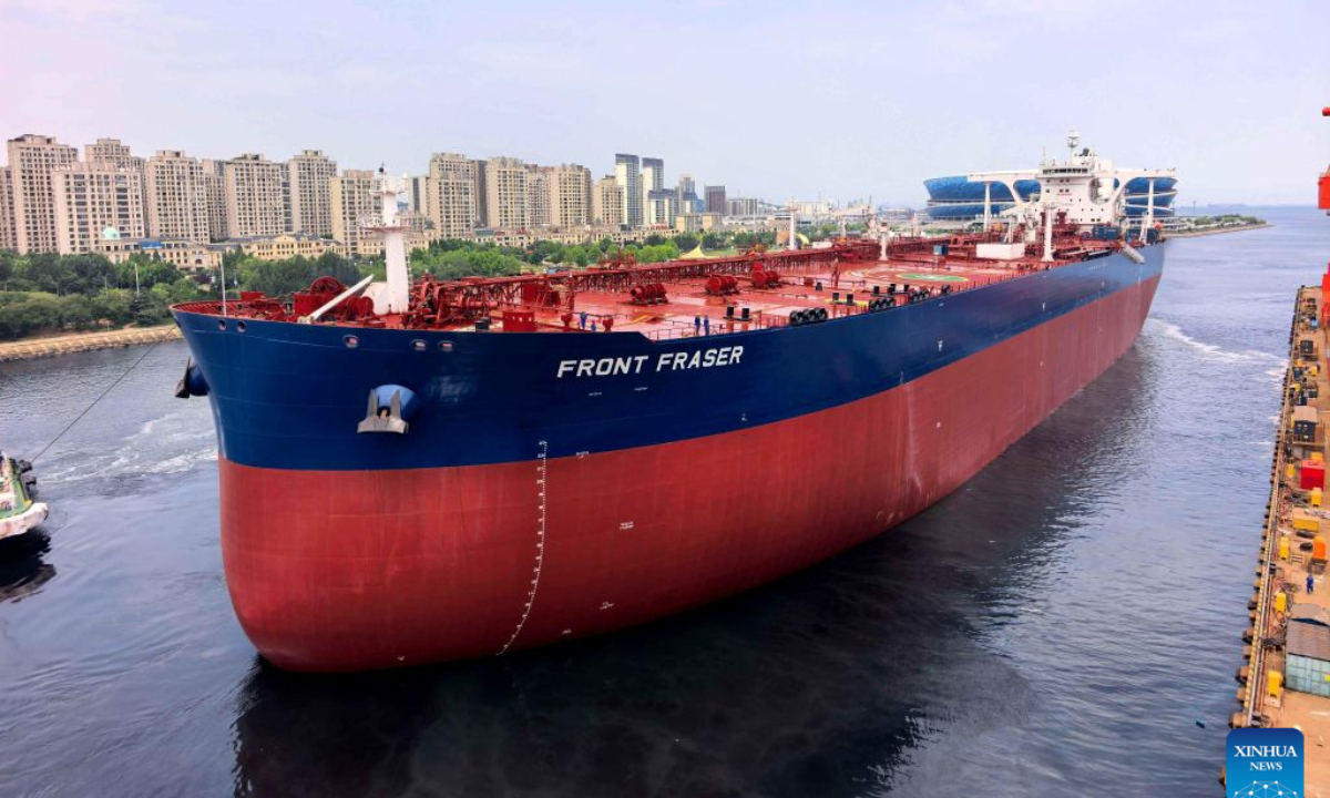 This photo taken on July 22, 2026 shows the China-built very large crude carrier (VLCC) in Dalian, northeast China's Liaoning Province. (DSIC/Handout via Xinhua)