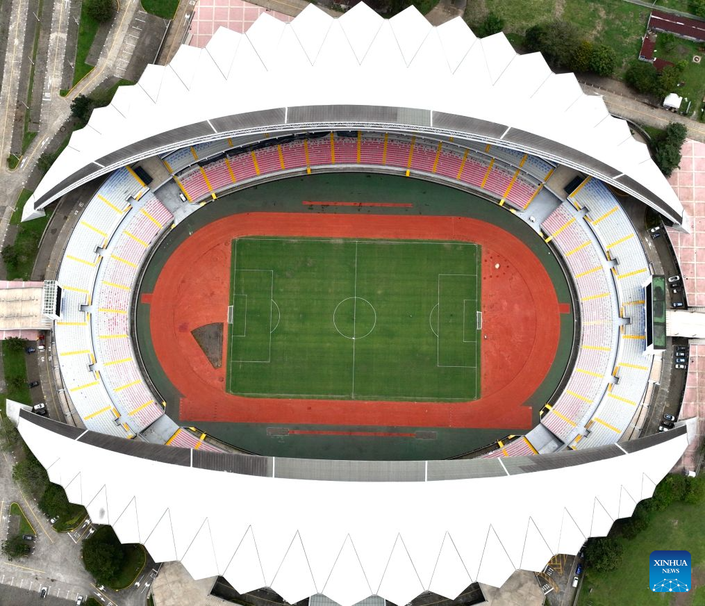 This aerial drone photo shows the China-aided National Stadium of Costa Rica in San Jose, Costa Rica, Sept. 22, 2026. With a standard football pitch, an athletics track and supporting facilities, the National Stadium of Costa Rica can accommodate about 35,000 spectators. (Xinhua/Liu Wenhui)