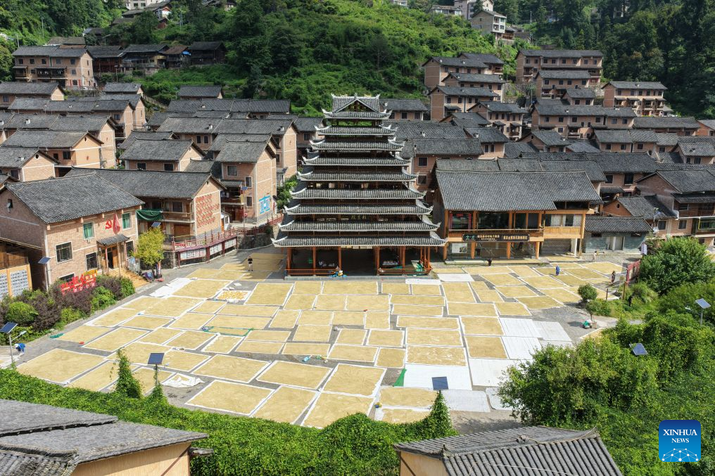 A drone photo taken on Sept. 7, 2026 shows farmers airing newly harvested grain in Zhenyuan County, southwest China's Guizhou Province. Farmers are busy with farm work around White Dew (Bailu), one of the 24 solar terms meaning dew curdles and the start to get cold. (Photo by Wu Xianhe/Xinhua)