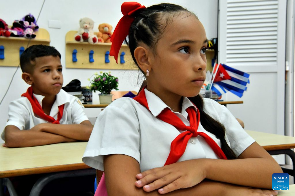 Primary school students attend a class on the first day of new semester in Havana, capital of Cuba, on Sept. 1, 2026. A national ceremony marking the start of the new academic year was held in Havana on Tuesday, with more than 1.4 million students returning to school. (Photo by Joaquin Hernandez/Xinhua)