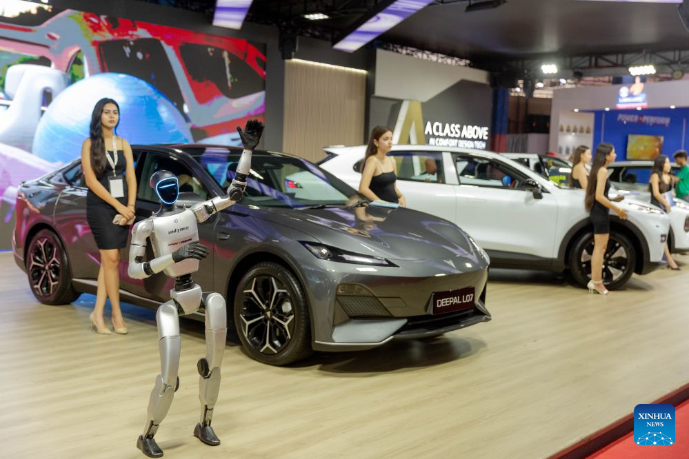 A robot of Unitree Robotics is pictured at the 18th NADA Auto Show in Kathmandu, Nepal, Aug. 25, 2026. Nepal's 18th NADA Auto Show kicked off here on Tuesday, bringing together more than 50 vehicle brands. Organized by the NADA Automobiles Association of Nepal, the five-day exhibition features around 200 stalls displaying four-wheelers, two-wheelers, auto parts and related services. (Photo by Sulav Shrestha/Xinhua)