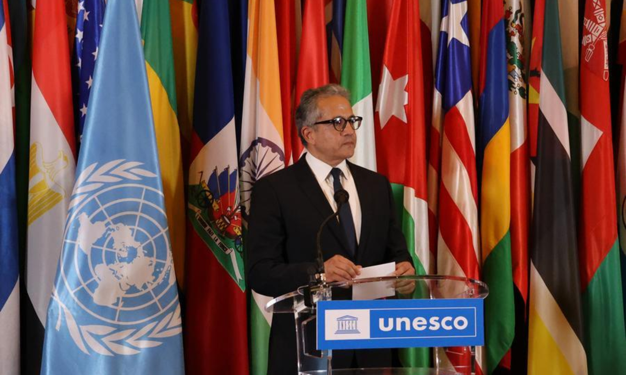 Khaled Ahmed El-Enany Ali Ezz speaks after winning the election of the candidate for the post of UNESCO director-general in Paris, France, on Oct. 6, 2025. (Xinhua/Zhang Baihui)