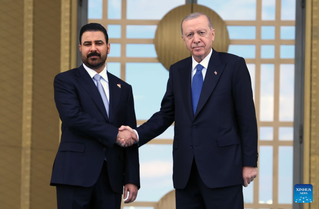 Turkish President Recep Tayyip Erdogan (R) shakes hands with Iraqi Prime Minister Ali al-Zaidi at the Presidential Palace in Ankara, Türkiye, on July 28, 2026. Al-Zaidi and Erdogan agreed on Tuesday to bolster strategic cooperation across multiple sectors and accelerate the implementation of the strategic Development Road Project, following a joint press conference during al-Zaidi's official visit to Ankara. (Mustafa Kaya/Handout via Xinhua)