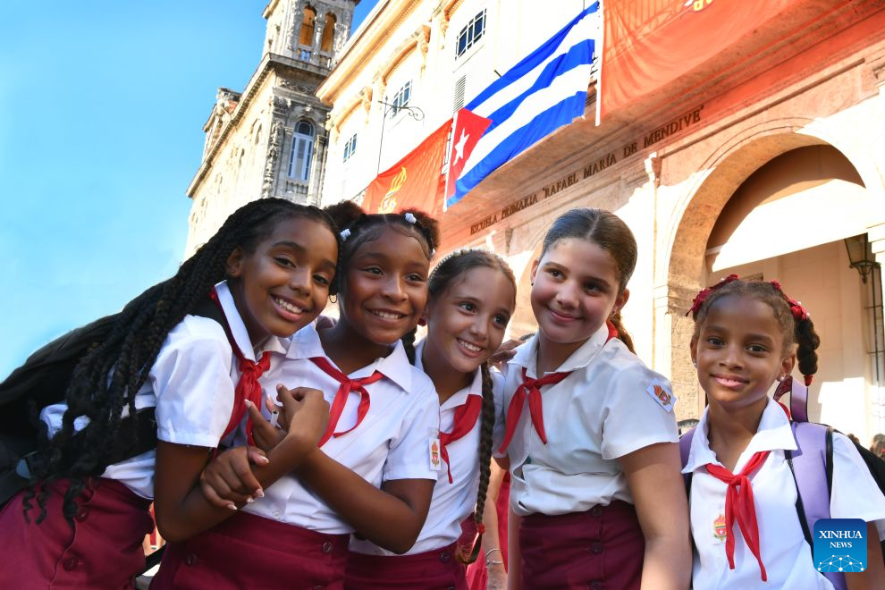 Primary school students attend school on the first day of new semester in Havana, capital of Cuba, on Sept. 1, 2026. A national ceremony marking the start of the new academic year was held in Havana on Tuesday, with more than 1.4 million students returning to school. (Photo by Joaquin Hernandez/Xinhua)
