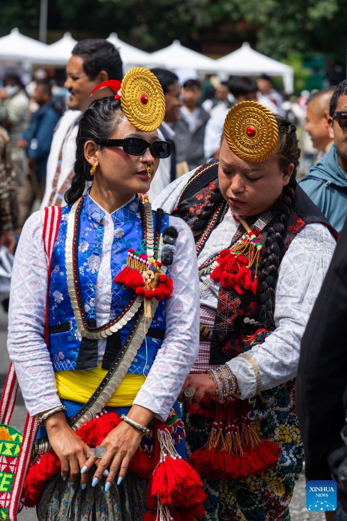 People in traditional attire take part in celebrations marking the International Day of the World's Indigenous Peoples in Kathmandu, Nepal, Aug. 9, 2026.
The International Day of the World's Indigenous Peoples is observed every year on Aug. 9. (Photo by Hari Maharjan/Xinhua)