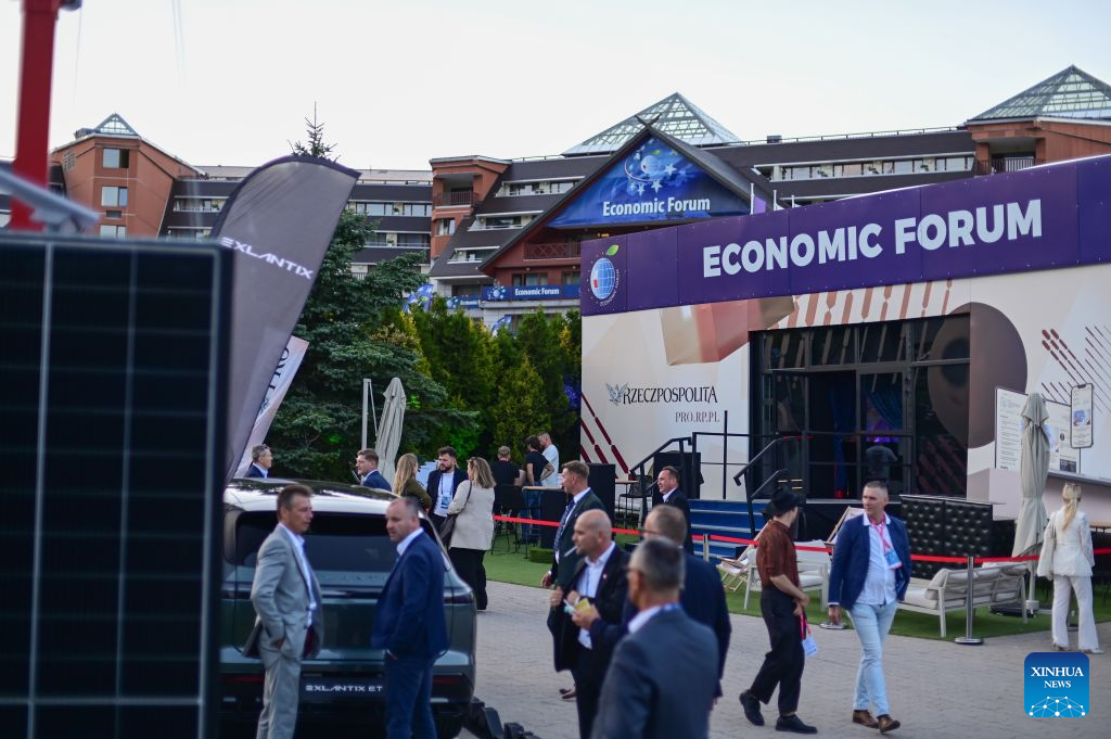 This photo taken on Sept. 8, 2026 shows the exterior of the venue of the 35th Economic Forum in Karpacz, Poland. The 35th Economic Forum is held from Sept. 8 to 10 in Karpacz, bringing together representatives from politics, business, academia and other fields. (Photo by Aleksy Witwicki/Xinhua)