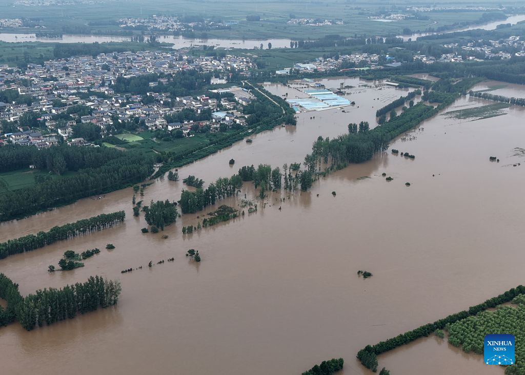 An aerial drone photo taken on Aug. 13, 2026 shows a flood discharge scene at the Nihewa flood storage and detention area in Wuyang County of Luohe City, central China's Henan Province. Affected by Typhoon Dolphin, the 13th typhoon of the year, the Shaying River has recorded a flow rate exceeding 3,000 cubic meters per second in its Luohe section, while the water level continues to rise. In accordance with relevant contingency plans, Henan Province activated the Nihewa flood storage and detention area on Thursday. (Xinhua/Hao Yuan)