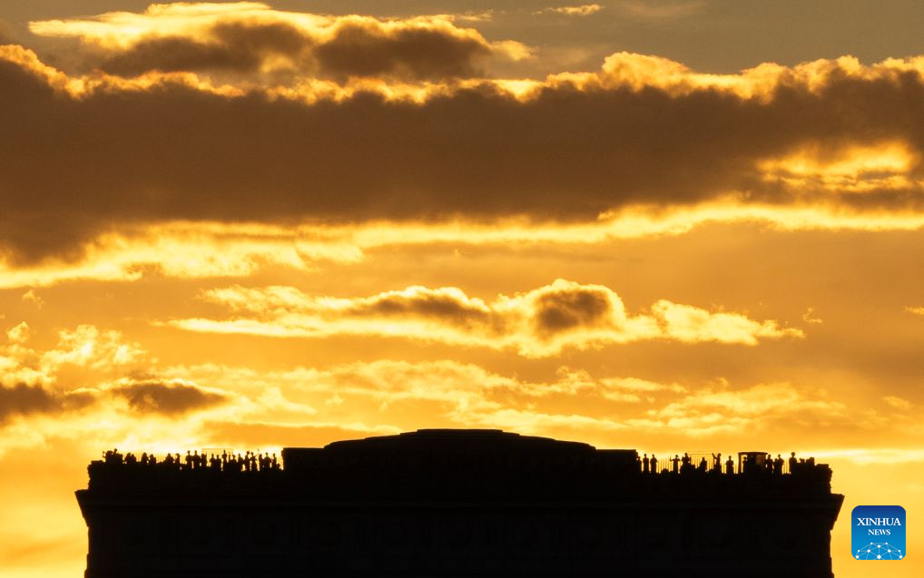 Photo taken on Aug. 3, 2026 shows a view of sunset in Champs-Elysees Avenue in Paris, France. (Xinhua/Wu Huiwo)