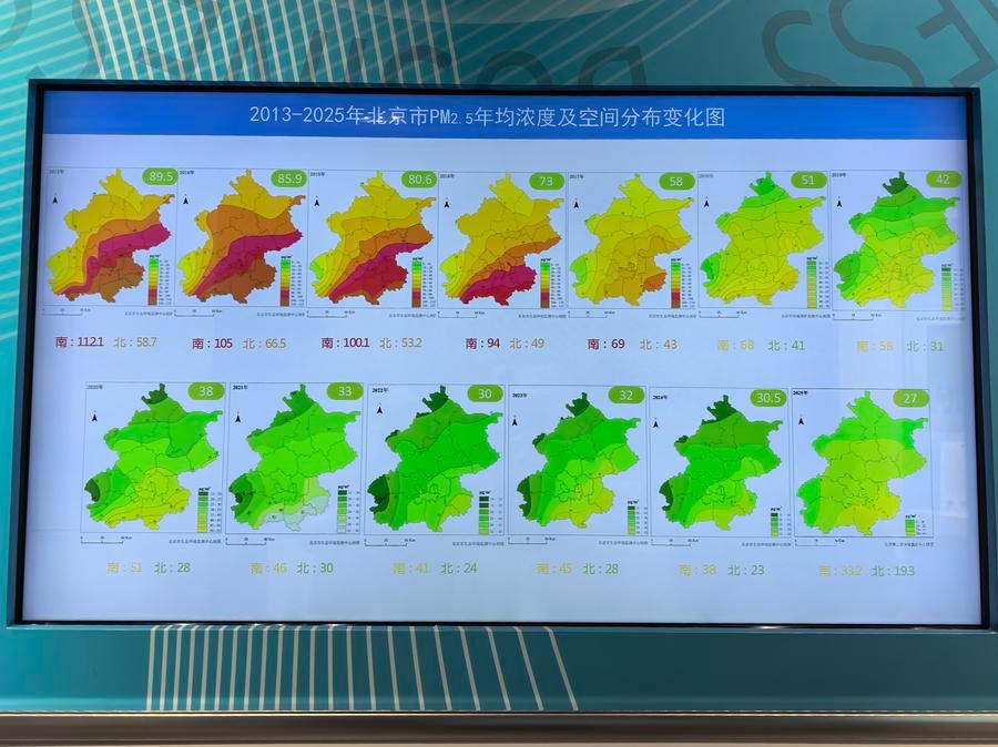 This photo taken on July 10, 2026 at the Beijing Municipal Ecological and Environmental Monitoring Center in Beijing, capital of China, shows the changes in the annual average concentration and spatial distribution of PM2.5 in Beijing from 2013 to 2025. (Xinhua/Sun Suying)