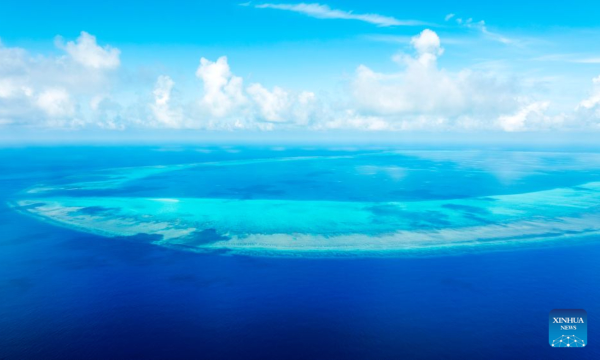 An aerial drone photo taken on July 8, 2026 shows a view of China's Huangyan Dao in the South China Sea. Huangyan Dao, located in China's Zhongsha Qundao, features a unique coral reef ecosystem and special geological structures. It is home to numerous rare and endangered species, making it an area of high biodiversity and species rarity.
Huangyan Dao is China's inherent territory. In September 2025, China formally approved to establish the Huangyan Dao National Nature Reserve.
The China Coast Guard has carried out regular patrols and law enforcement to safeguard China's territorial sovereignty, maritime rights and interests, and ecological environment in the waters of the reserve. (Xinhua/Wang Peng)