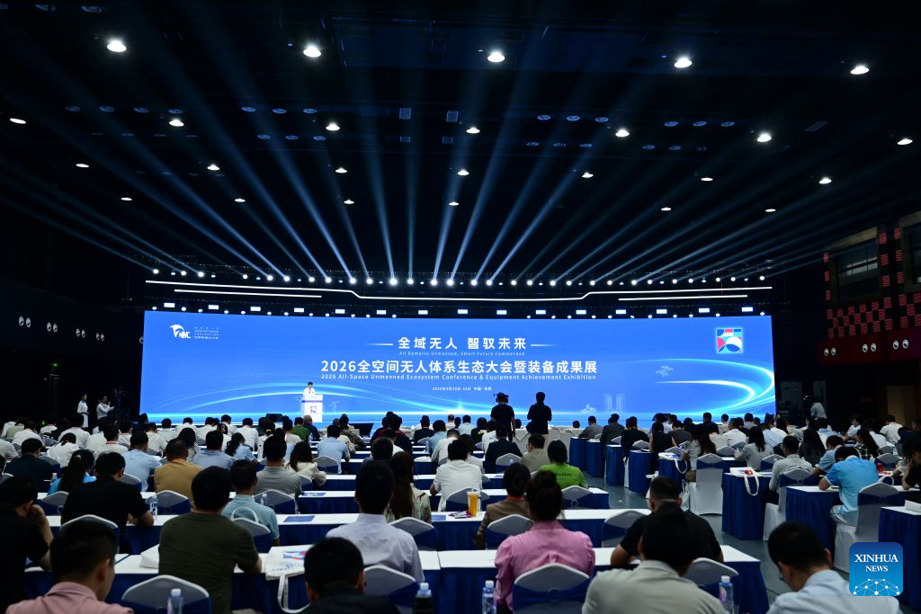 This photo taken on Sept. 20, 2026 shows the opening ceremony of the All-Space Unmanned Ecosystem Conference & Equipment Achievement Exhibition at Luogang Park in Hefei, east China's Anhui Province. Various unmanned technologies are displayed during the World Manufacturing Conference. As part of the event, the All-Space Unmanned Ecosystem Conference & Equipment Achievement Exhibition is held in Luogang Park, displaying the latest technologies, products and scenarios solutions in the field of all-space unmanned system. (Xinhua/Zhou Mu)