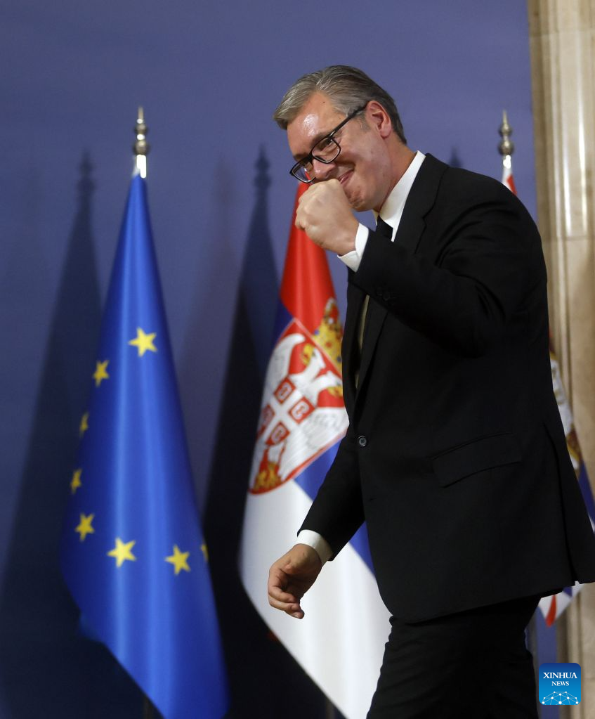 Serbian president Aleksandar Vucic attends a press conference in Belgrade, Serbia, Sept. 27, 2026. Aleksandar Vucic signed and submitted his resignation on Sunday, stepping down as president. (Photo by Predrag Milosavljevic/Xinhua)