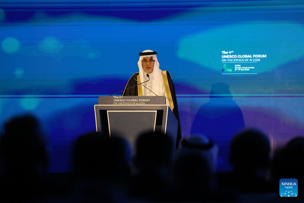 Abdullah bin Sharaf Alghamdi, president of the Saudi Data and Artificial Intelligence Authority speaks at the opening ceremony of the 4th Global Forum on the Ethics of Artificial Intelligence in Riyadh, Saudi Arabia, Sept. 15, 2026. The 4th Global Forum on the Ethics of Artificial Intelligence (AI) opened in Riyadh on Tuesday, where delegates discussed aligning AI development with safety and responsibility requirements. (Xinhua/Luo Chen)