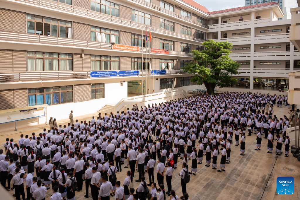 Teachers and students attend a ceremony marking the start of the new semester at a school in Vientiane, Laos, Sept. 1, 2026. (Photo by Kaikeo Saiyasane/Xinhua)