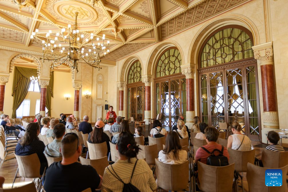 People attend a guided tour at Vigado Concert Hall in Budapest, Hungary, Sept. 19, 2026. Hungary marked Cultural Heritage Days on Saturday and Sunday with numerous historic buildings and spaces open to the public. (Xinhua/Hu Zhixuan)