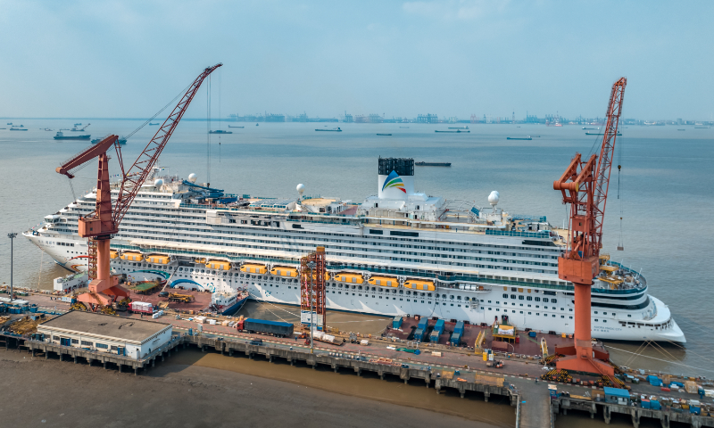 China's first domestically built large cruise ship Adora Magic City undergoes construction in Shanghai, on July 12, 2023. Photo: VCG